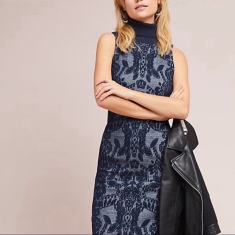 Maeve | Jacquard Turtleneck Midi Dress: blue, sleeveless, floral pattern.